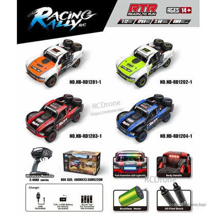 HB RC Car, 1:12 scale 4WD brushless RC car with 2.4G RTR, IPX4 rating, 45KM/H speed, LED lights, oil shocks, USB charger, and 7.4V battery included.