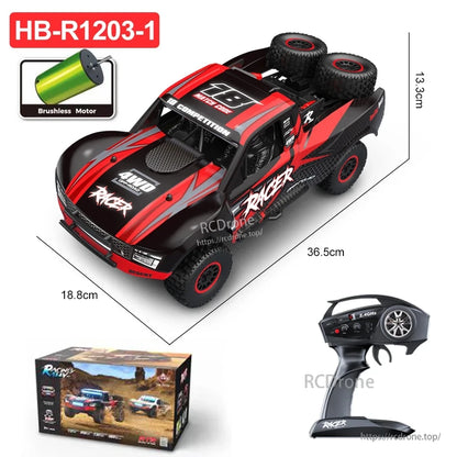 HB RC Car, HB-R1203-1 1:12 scale 4WD brushless RC car with 2.4G control, 45km/h speed, IPX4 waterproofing, LED lights, and oil-filled shocks. Ready-to-run.