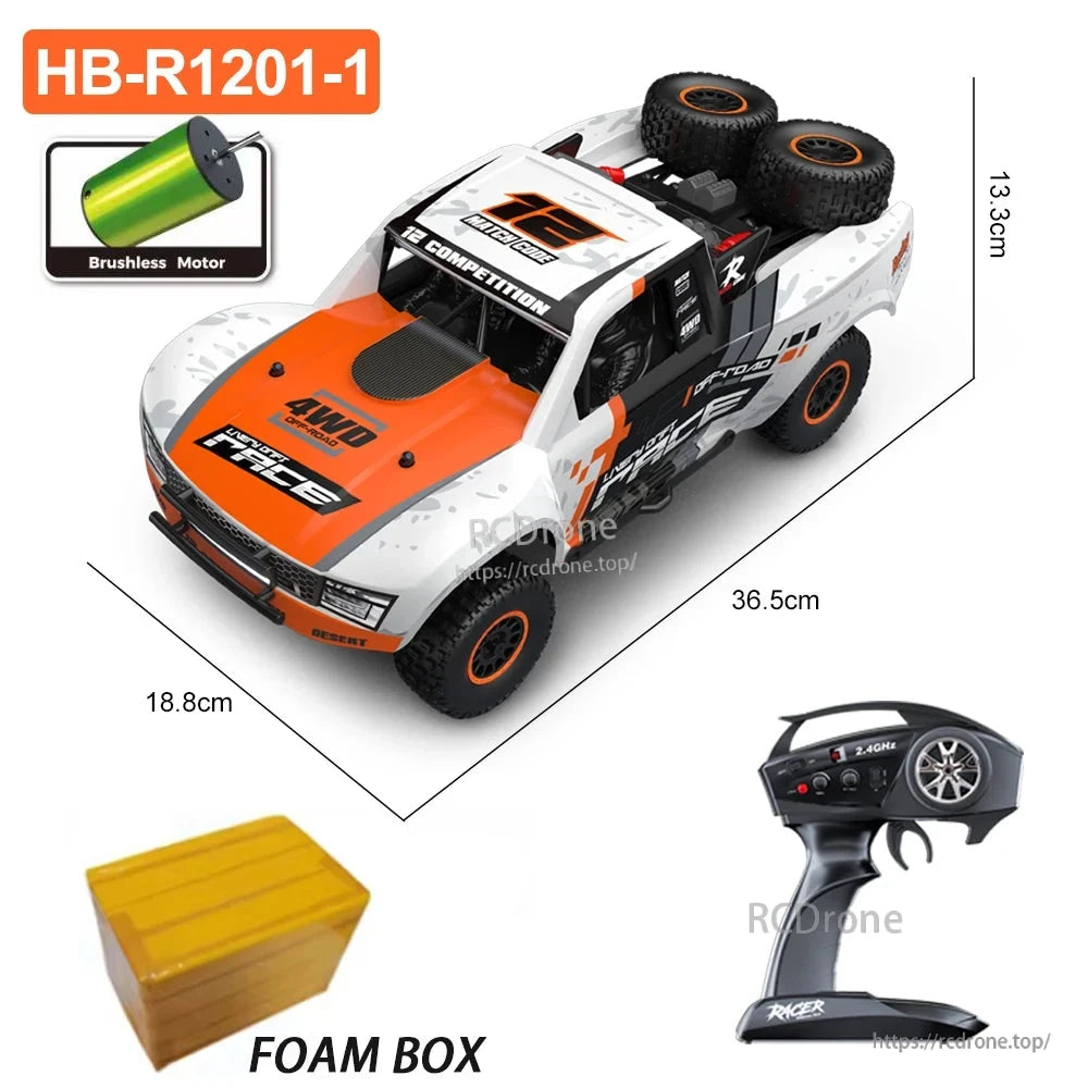 HB RC Car, HB-R1201-1 1:12 scale 4WD brushless RC car, 2.4G RTR, reaches 45km/h, IPX4 waterproof, LED lights, oil-filled shocks, includes foam box.