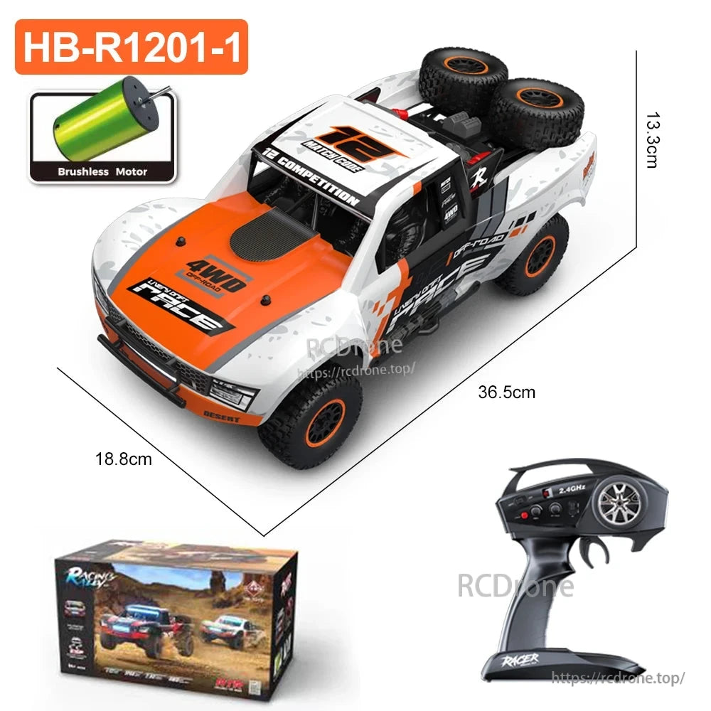 HB RC Car, HB-R1201-1 1:12 scale 4WD brushless RC car with 2.4G control, 45km/h speed, IPX4 waterproofing, LED lights, and oil-filled shocks for off-road performance.
