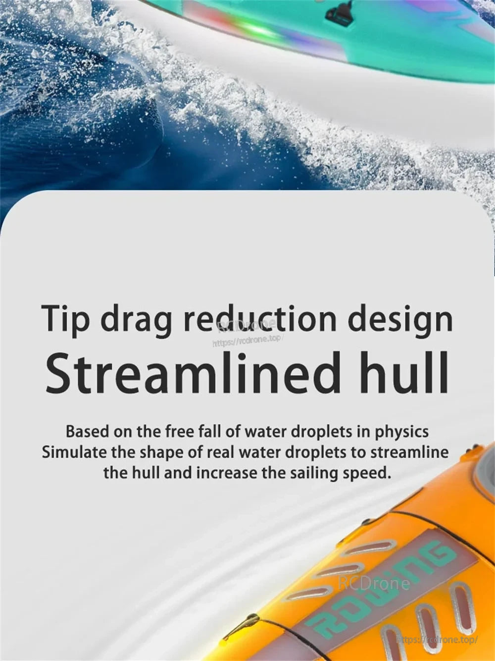 HC-810 RC Boat, The streamlined hull reduces drag by mimicking a water droplet, improving speed and performance.