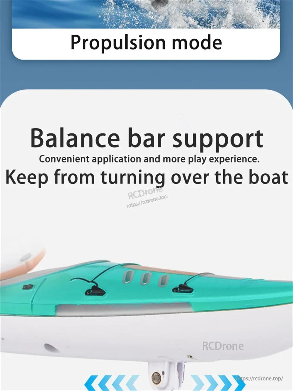 HC-810 RC Boat, Propulsion mode with balance bar support enhances stability, prevents overturning, and improves play experience for convenient use.