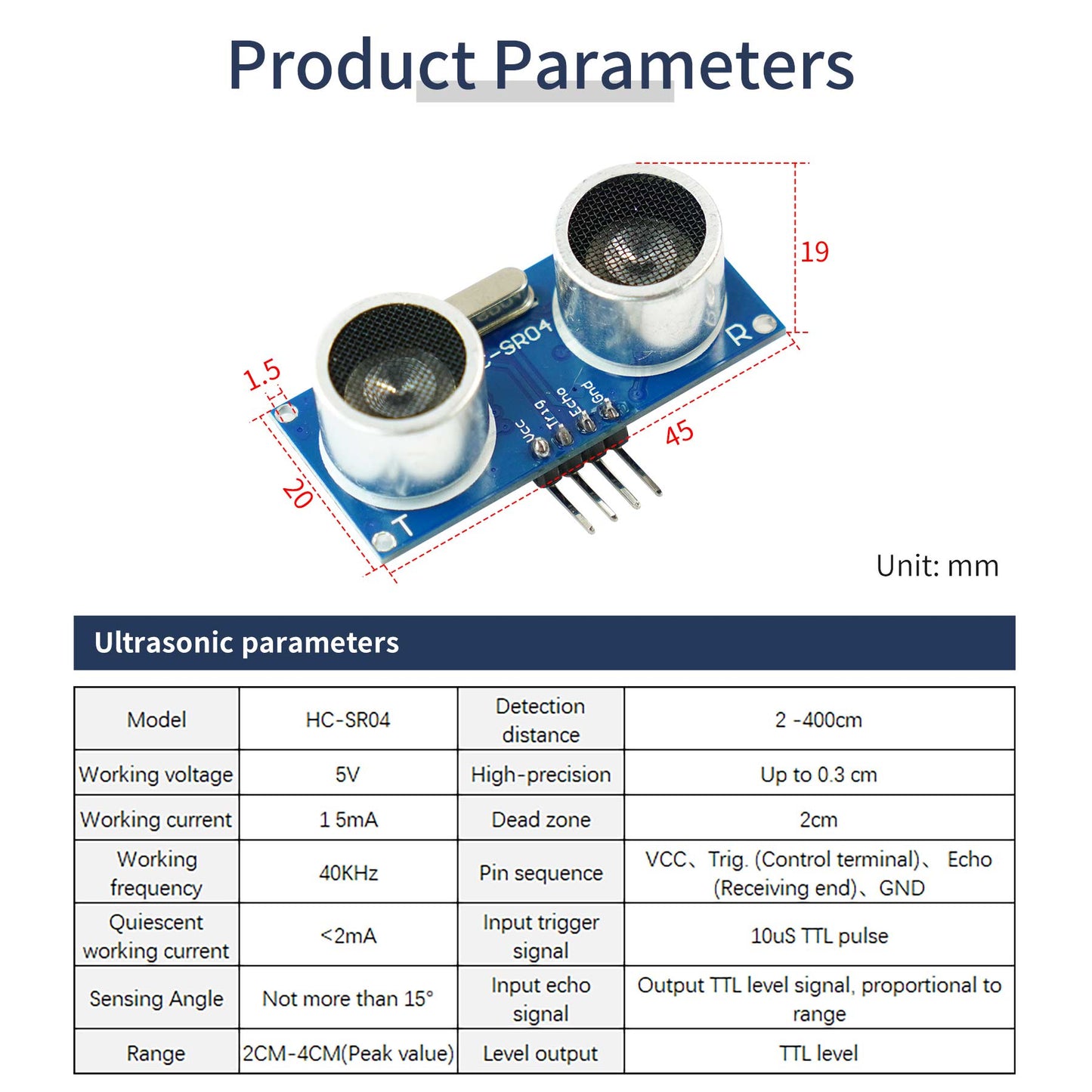 HC-SR04 ultrasonic module dimensions and parameters table, 5V 2–400 cm range, unit mm