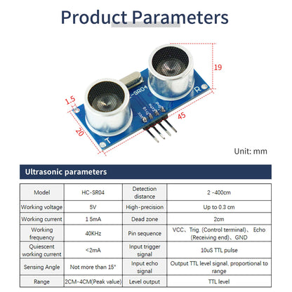 HC-SR04 ultrasonic module dimensions and parameters table, 5V 2–400 cm range, unit mm