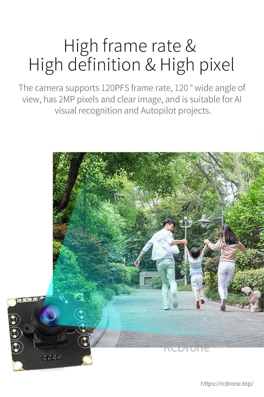 Infographic highlighting 120FPS support, 120° wide-angle view, and 2MP clarity for AI visual recognition projects