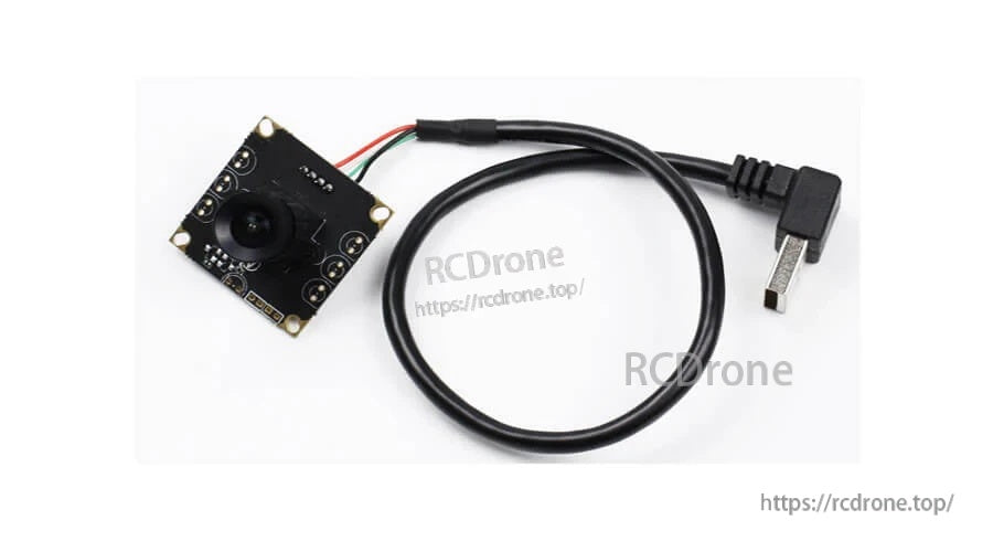 USB camera module connected to a right-angle USB cable, showing the full assembly and cable routing