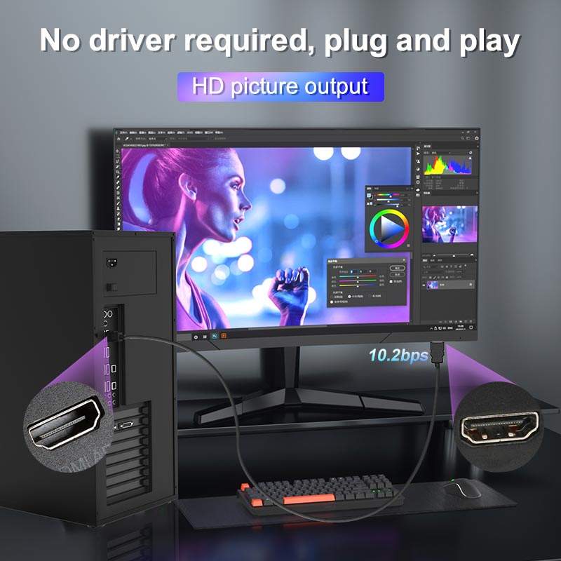 Plug-and-play HDMI cable shown connected from desktop PC to monitor, HD picture output graphic