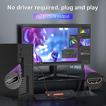Plug-and-play HDMI cable shown connected from desktop PC to monitor, HD picture output graphic