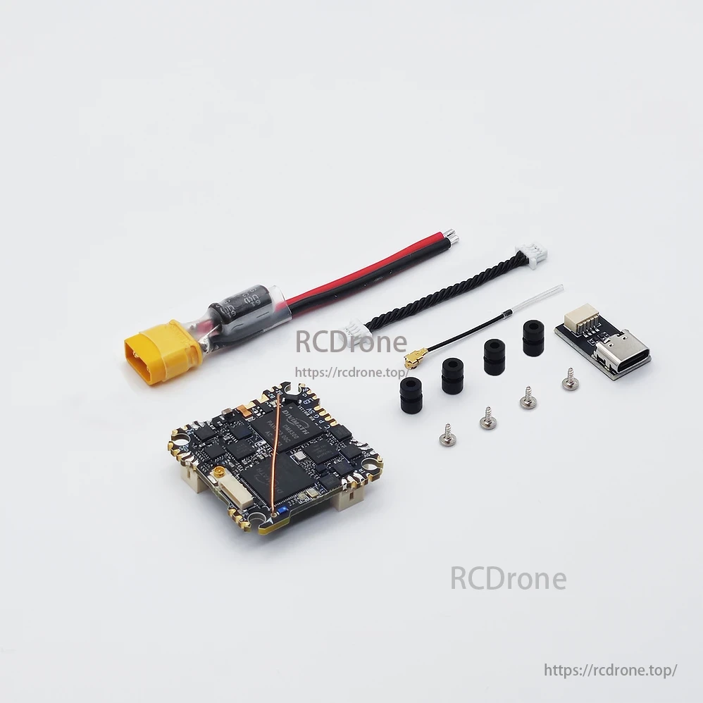 The HDZero AIO15 flight system includes a 15A ESC, ExpressLRS RX, HD VTX, BEC, main board, connectors, screws, and a USB adapter.