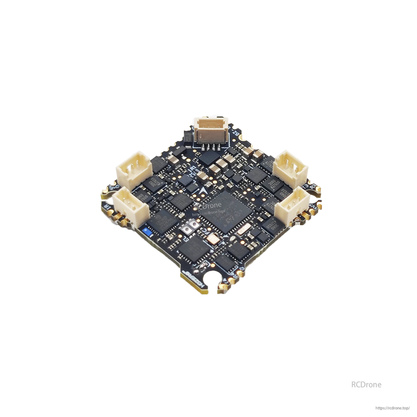 Rear side view of the AIO flight controller board with multiple plug connectors around the edges