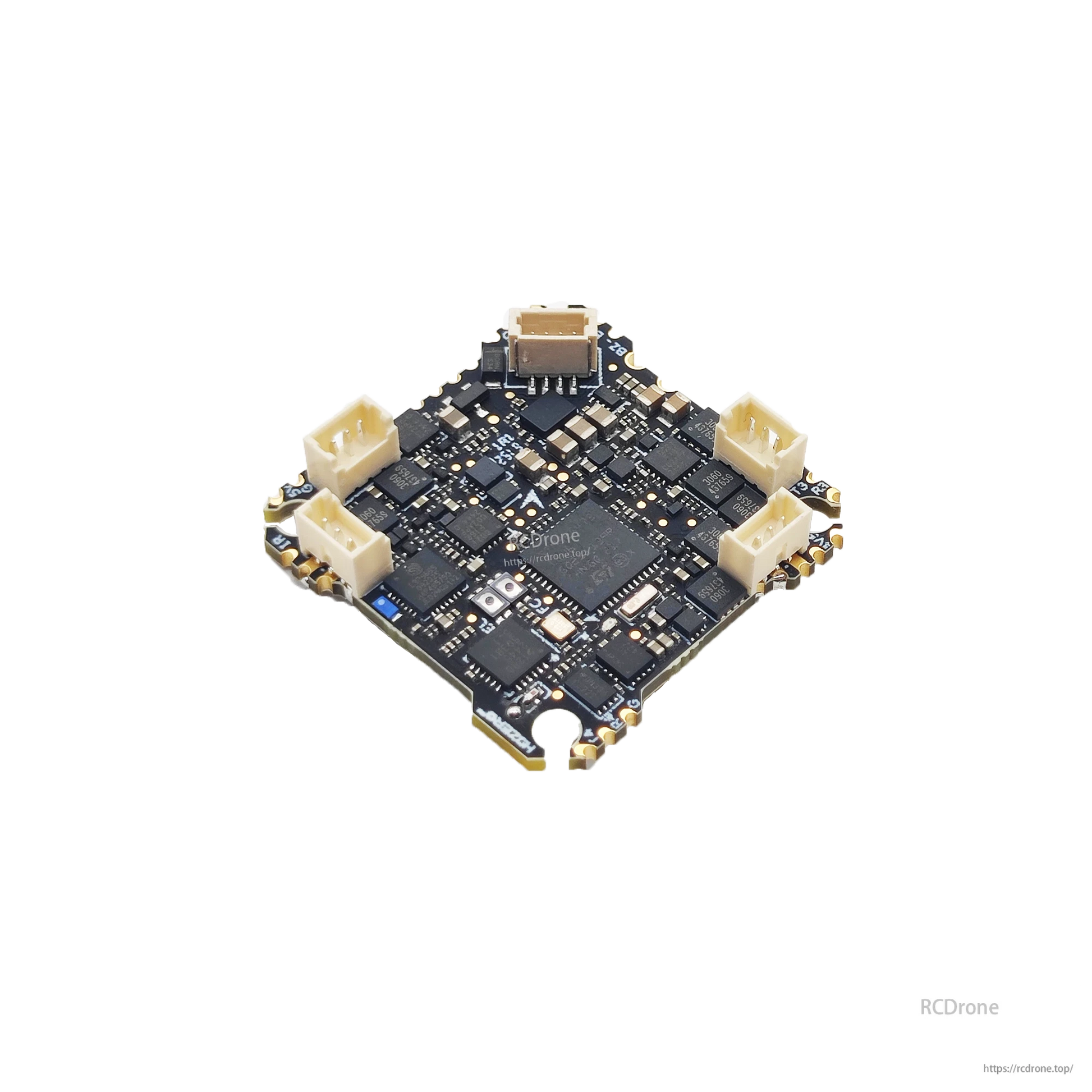 Rear side view of the AIO flight controller board with multiple plug connectors around the edges