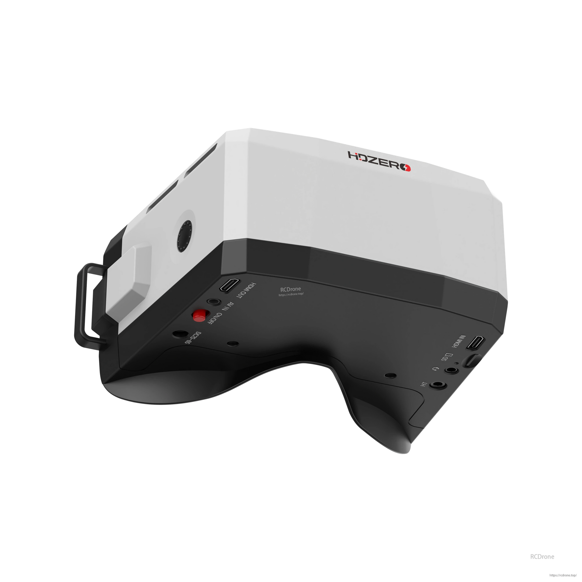 Underside rear angle of BoxPro goggle showing control buttons and multiple I/O ports along the bottom