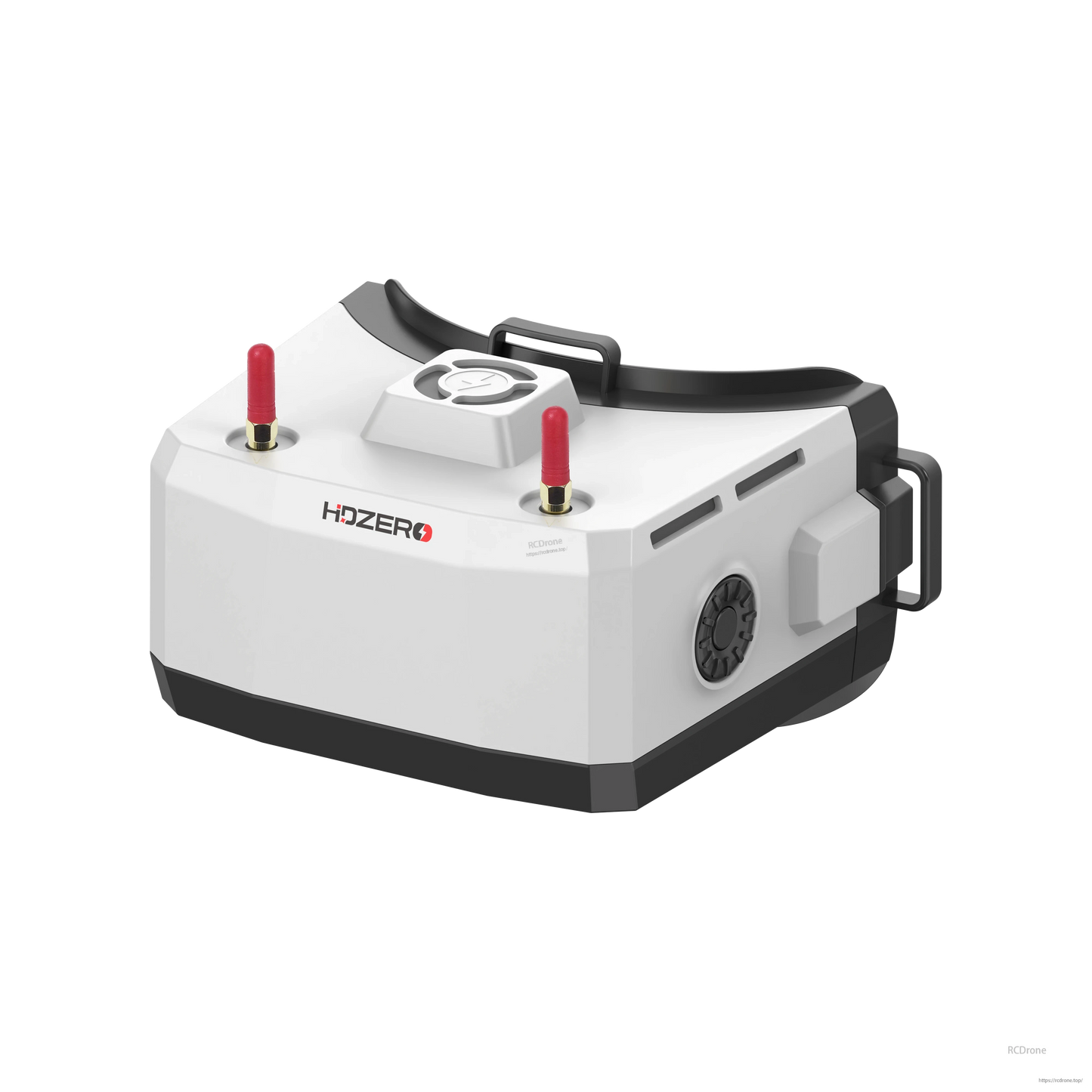 HDZero BoxPro goggle three-quarter side view with dual antennas and focus wheel on right side