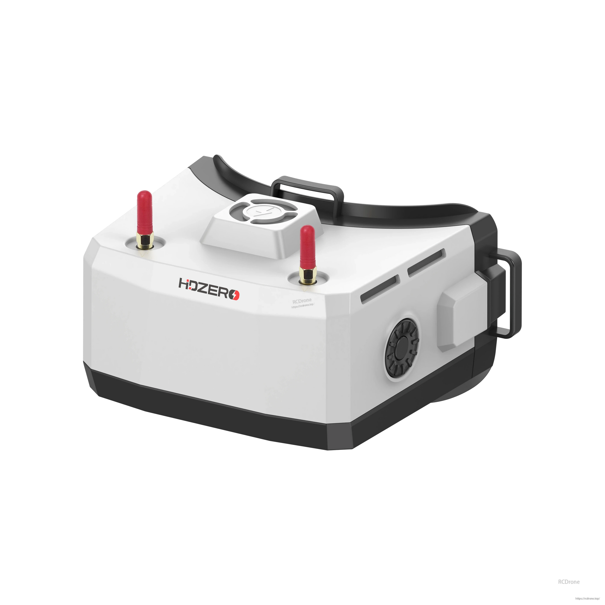 HDZero BoxPro goggle three-quarter side view with dual antennas and focus wheel on right side
