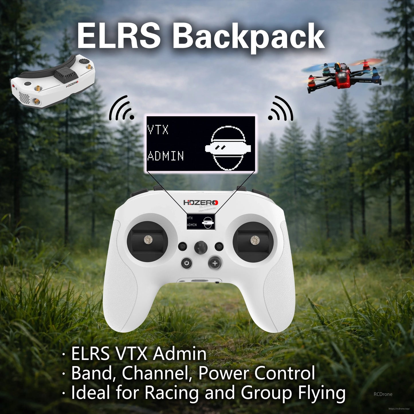 ELRS backpack graphic showing BoxPro radio screen with VTX admin and control icons for FPV racing
