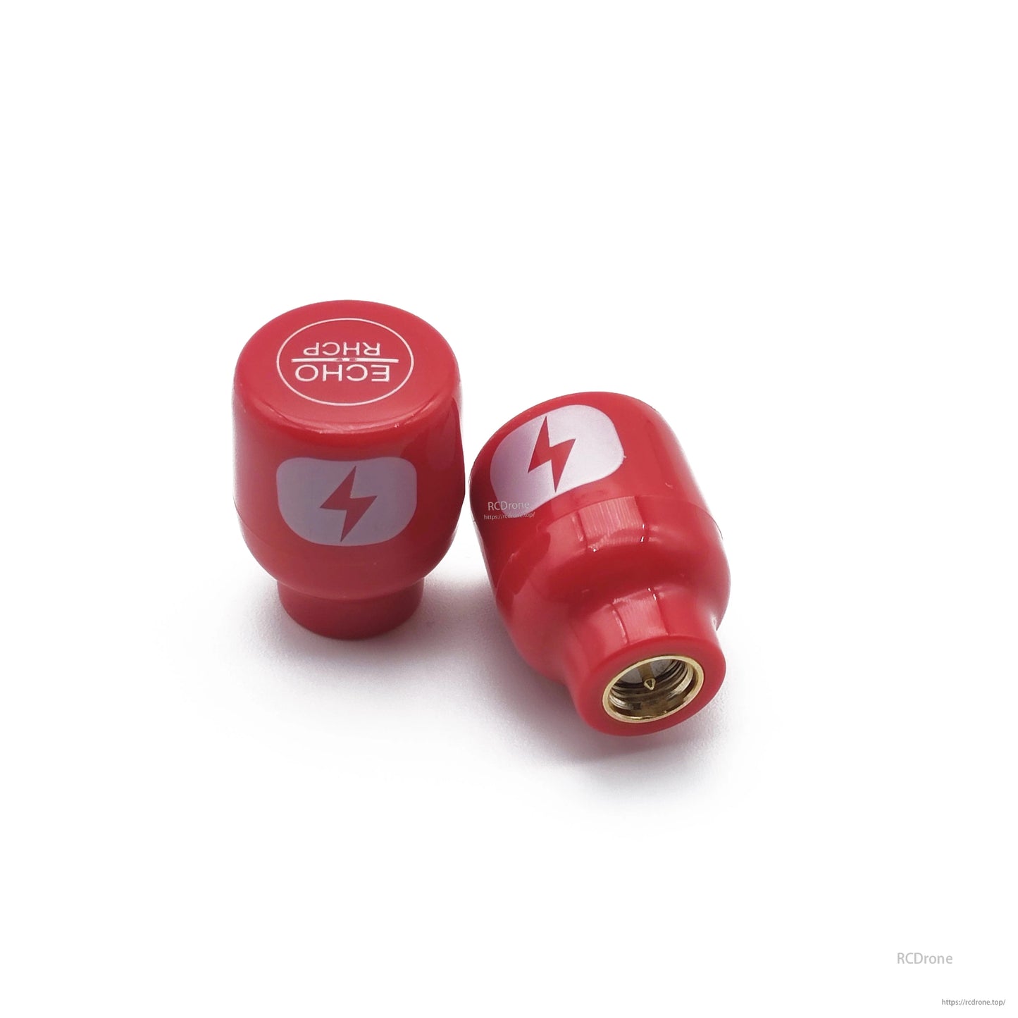 Pair of red Echo stubby FPV antennas close-up showing printed top and threaded connector end