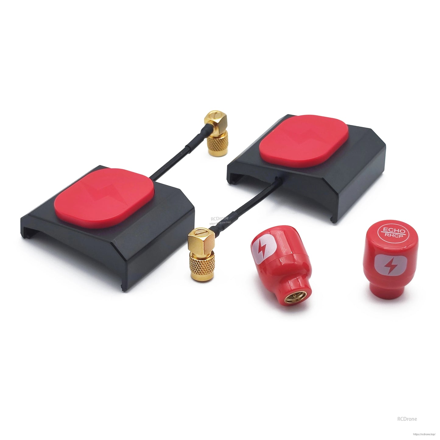 HDZero Echo Antenna kit contents: two patch antennas with leads plus two red stubby antennas