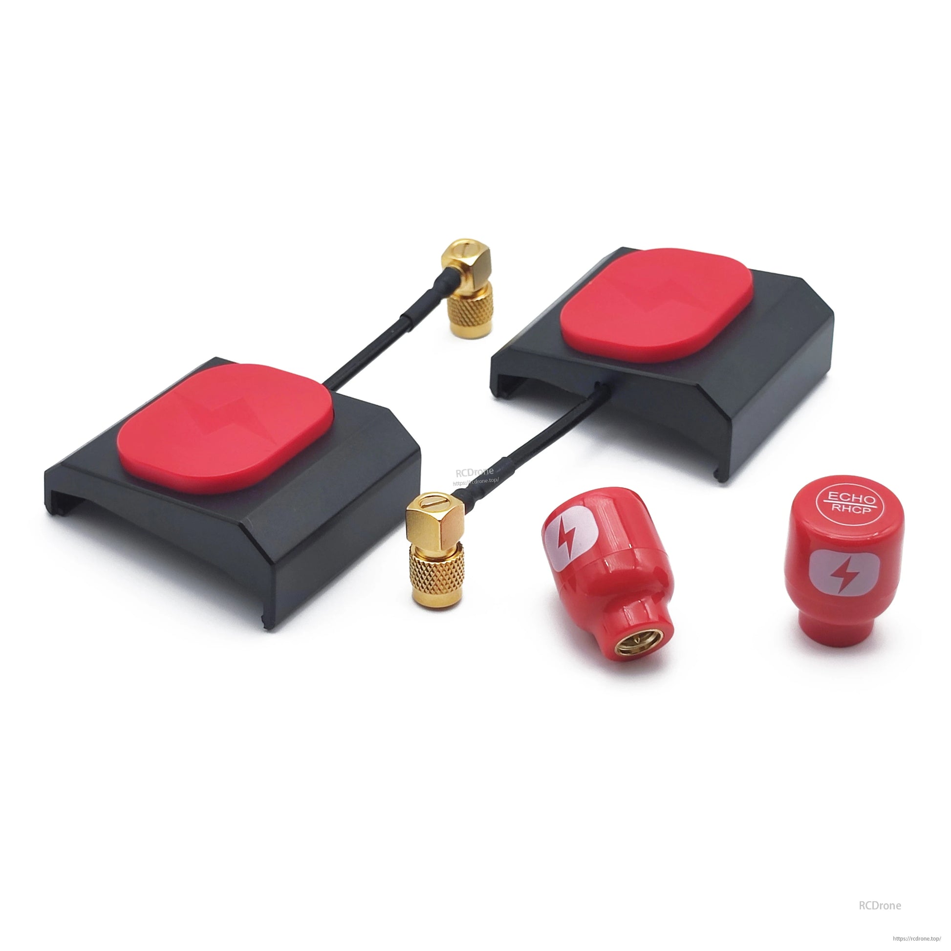 HDZero Echo Antenna kit contents: two patch antennas with leads plus two red stubby antennas