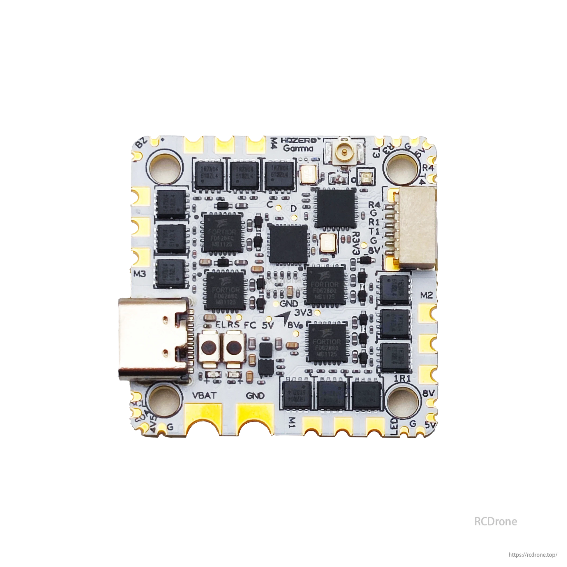 HDZero Gamma 45A HD-Ready AIO Flight Controller top view showing labeled solder pads and connectors