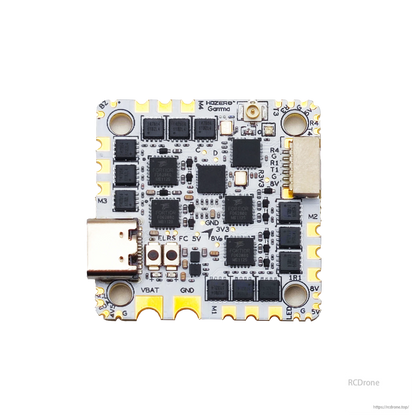 HDZero Gamma 45A HD-Ready AIO Flight Controller top view showing labeled solder pads and connectors