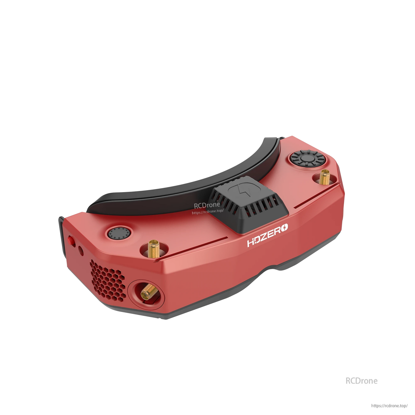 HDZero Goggle headset close-up in red, showing top vents, strap pad, and antenna connectors