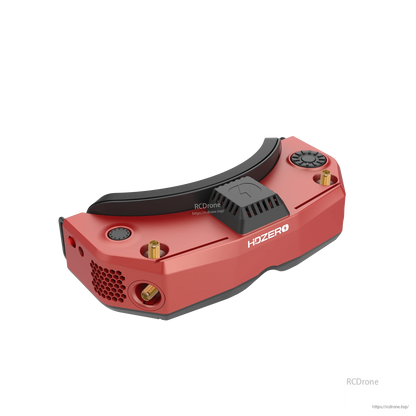 HDZero Goggle headset close-up in red, showing top vents, strap pad, and antenna connectors