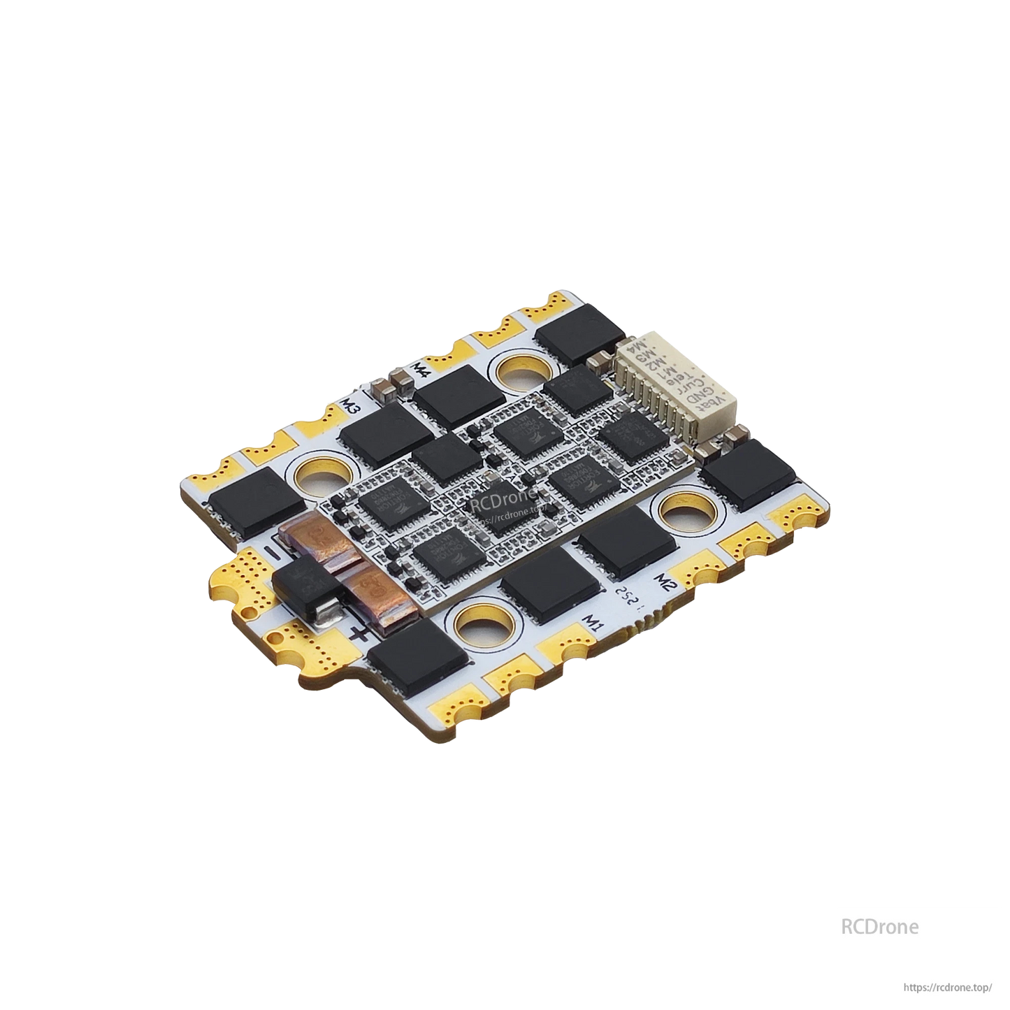 4-in-1 ESC board angled view showing connectors, capacitors, and 20x20 mounting holes