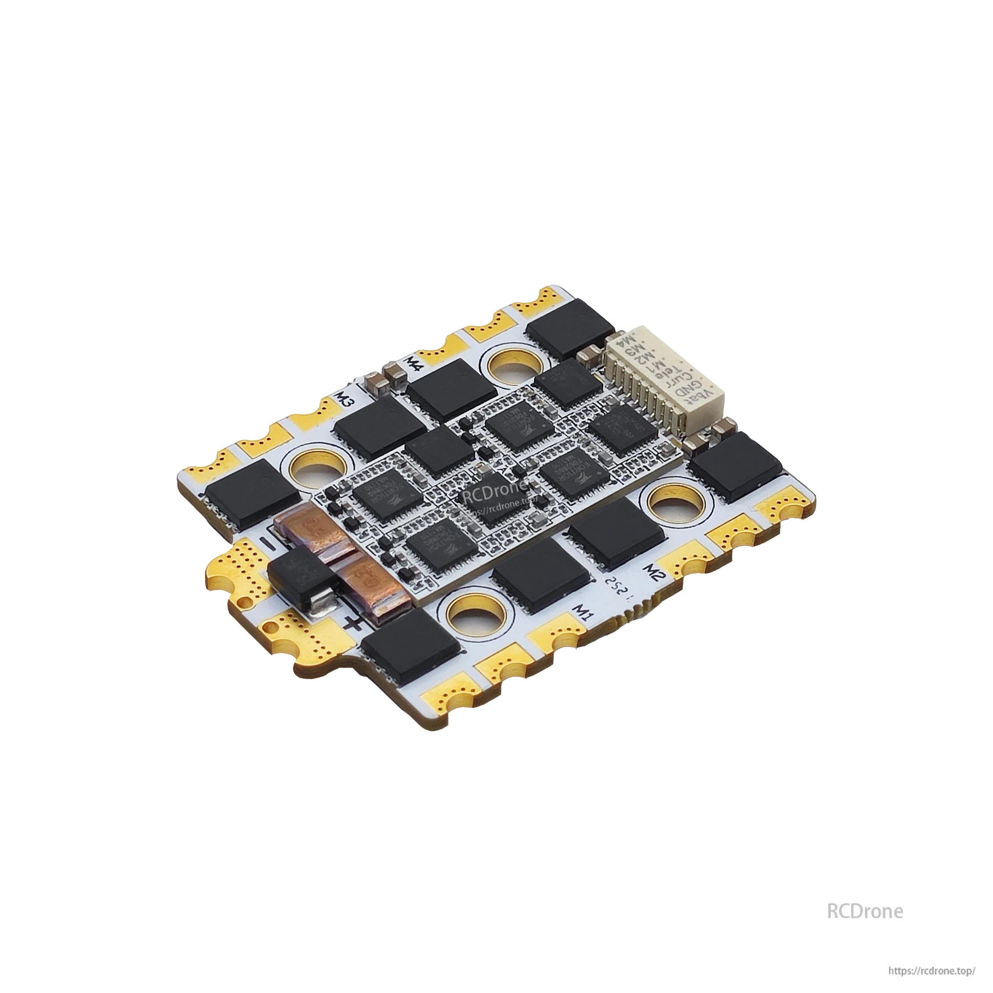 4-in-1 ESC board angled view showing connectors, capacitors, and 20x20 mounting holes