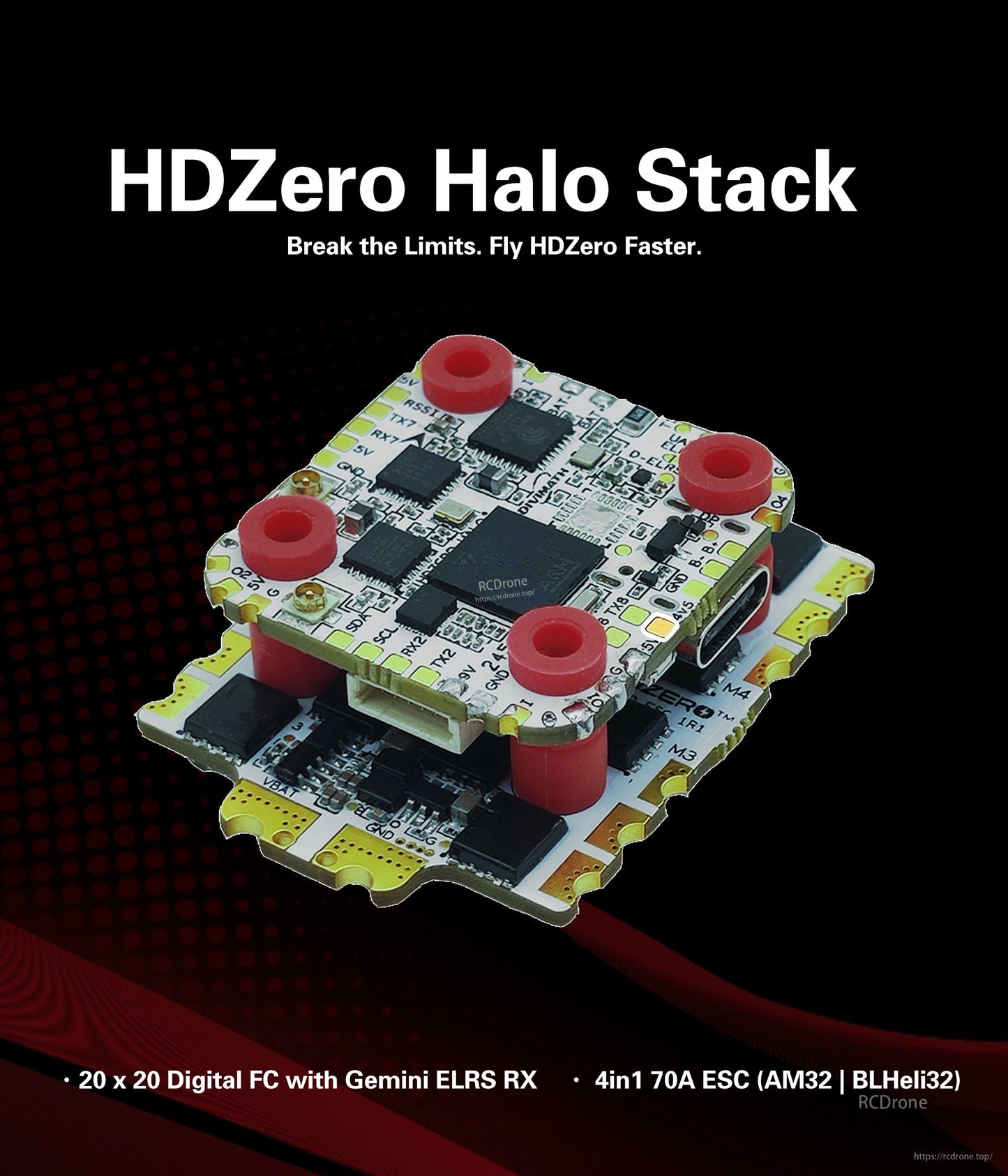 HDZero Halo Stack promo graphic showing the assembled FC and ESC stack on black background