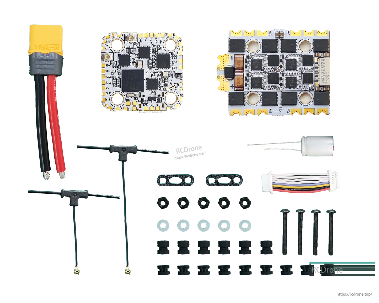 Box contents layout: flight controller, 4-in-1 ESC, XT60 lead, wires, antenna leads, hardware