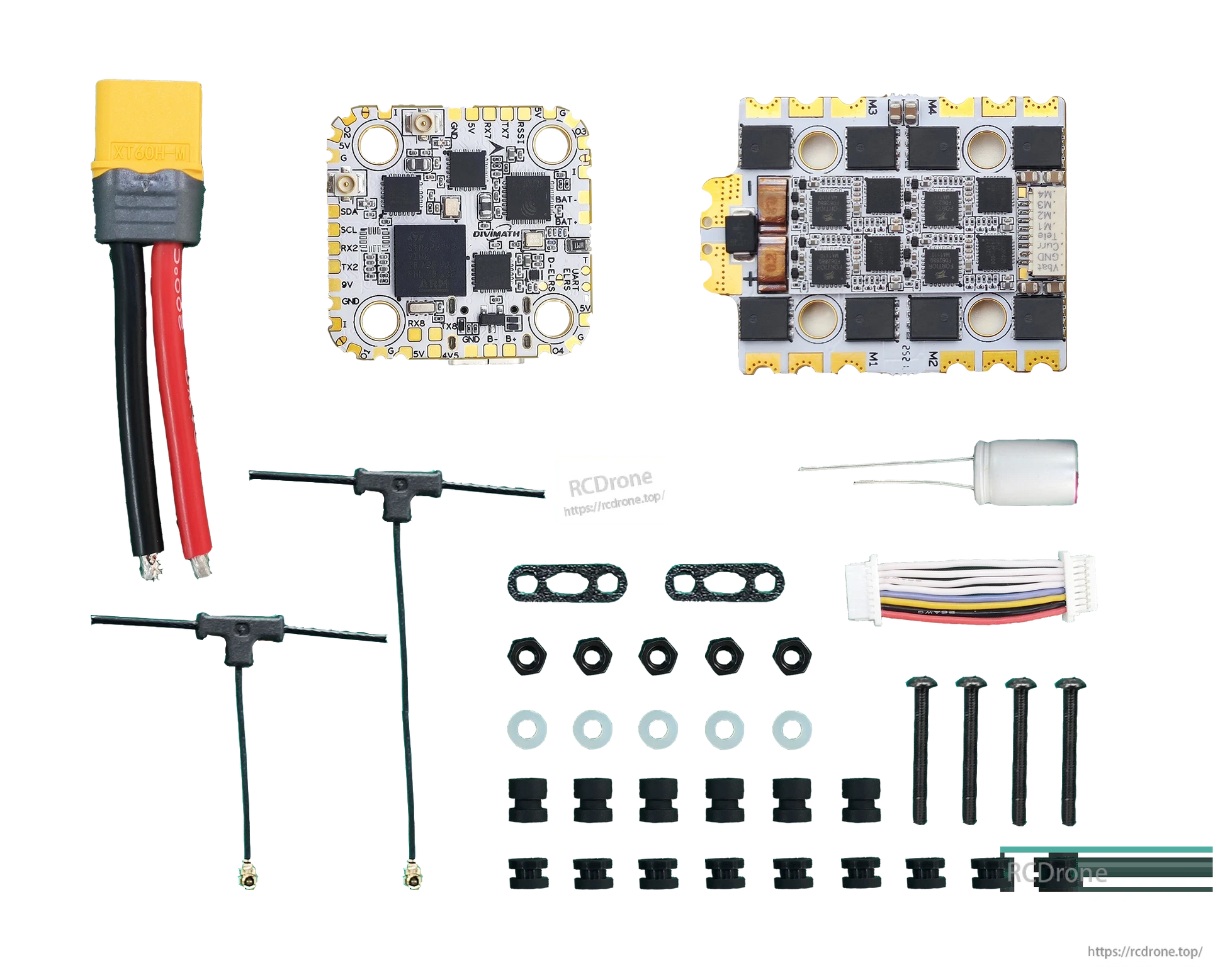 Box contents layout: flight controller, 4-in-1 ESC, XT60 lead, wires, antenna leads, hardware