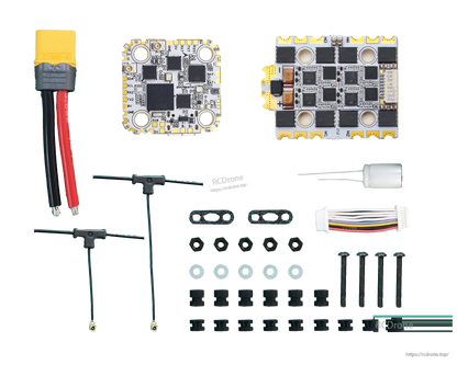 Box contents layout: flight controller, 4-in-1 ESC, XT60 lead, wires, antenna leads, hardware
