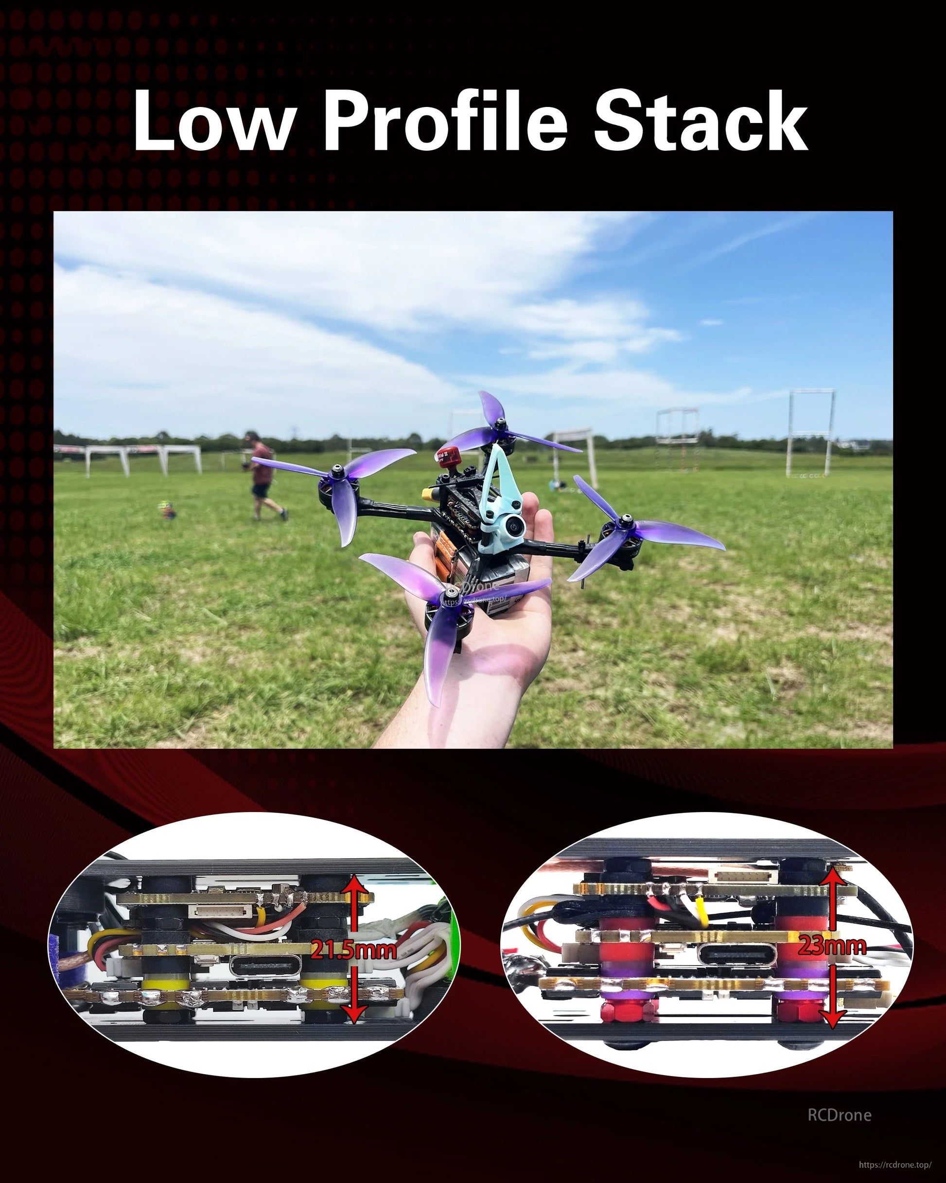 Low profile stack use case: FPV quad in hand plus side-by-side stack height comparison images