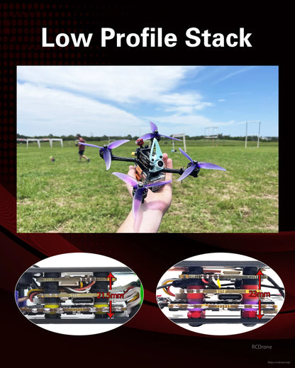 Low profile stack use case: FPV quad in hand plus side-by-side stack height comparison images