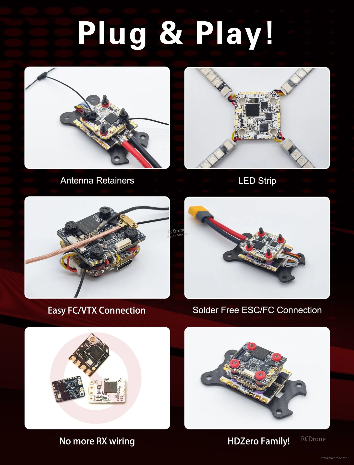Plug-and-play feature collage showing antenna retainers, LED strip, and solder-free FC/ESC wiring