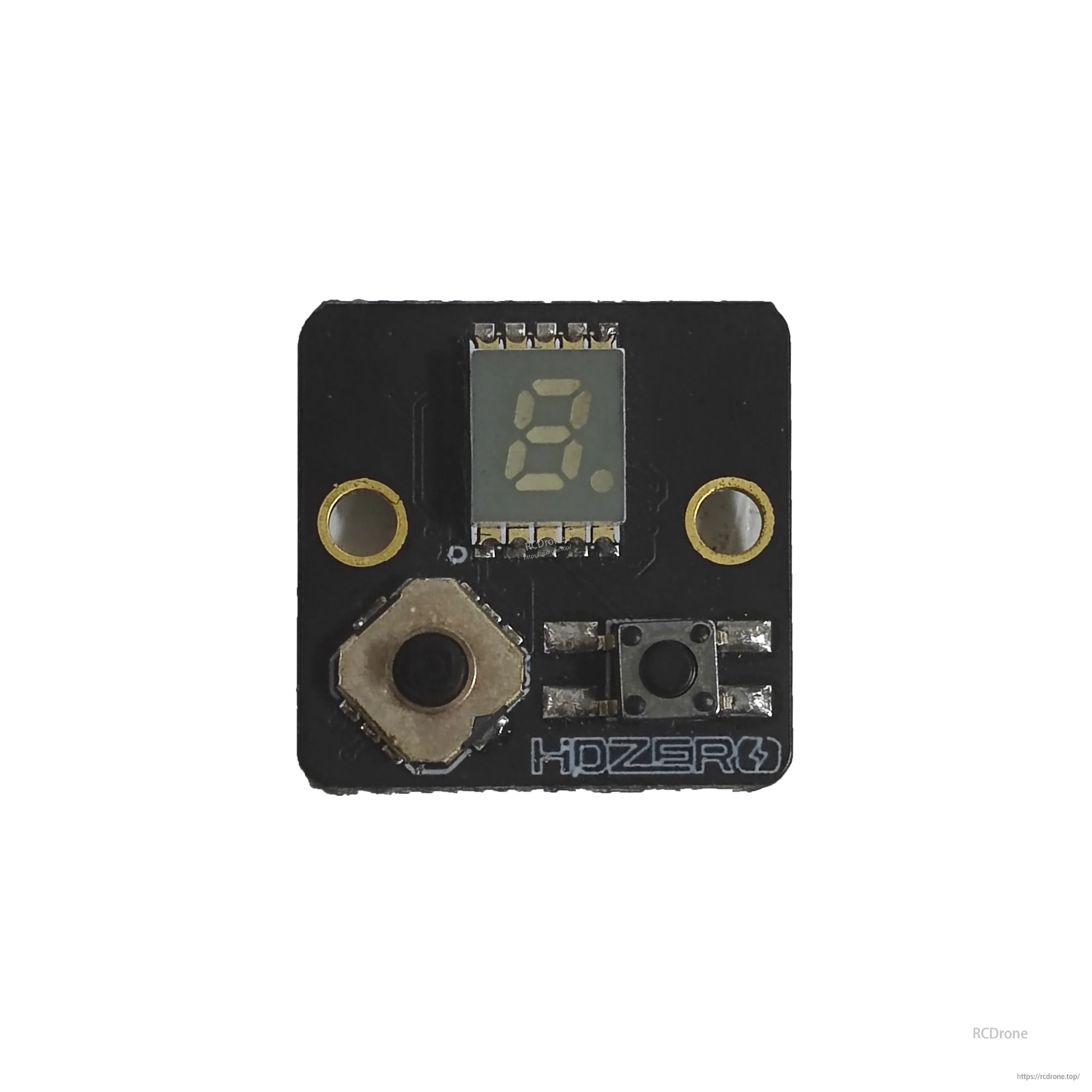 Close-up of HDZERO PCB showing 7-segment display pads, push button, and logo on corner