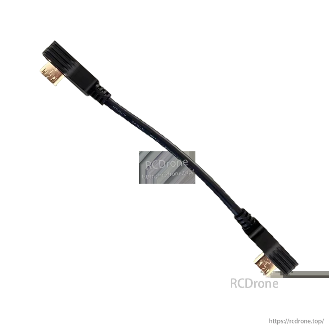 Right-angle mini HDMI to mini HDMI cable showing both connector ends and flexible black lead