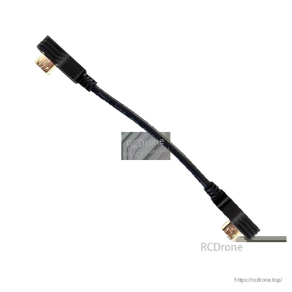 Right-angle mini HDMI to mini HDMI cable showing both connector ends and flexible black lead