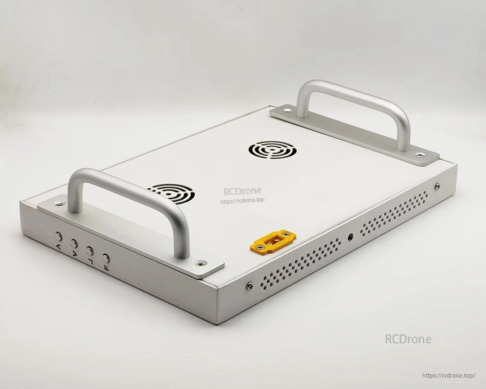 Monitor rear view with two carry handles, cooling vents, and side button/port cutouts