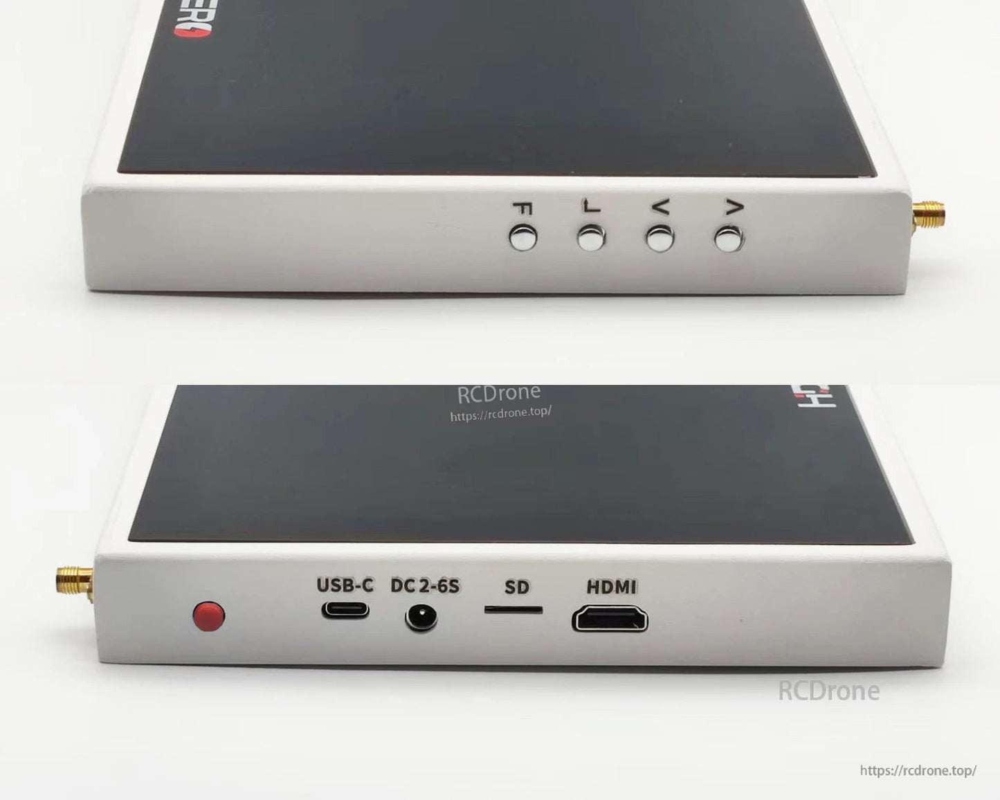 HDZero Quad Viewer monitor edge close-up with USB-C, DC 2–6S input, SD slot, and HDMI port