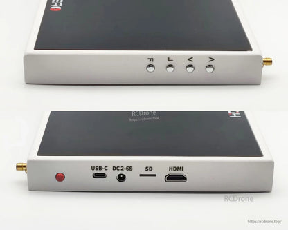HDZero Quad Viewer monitor edge close-up with USB-C, DC 2–6S input, SD slot, and HDMI port