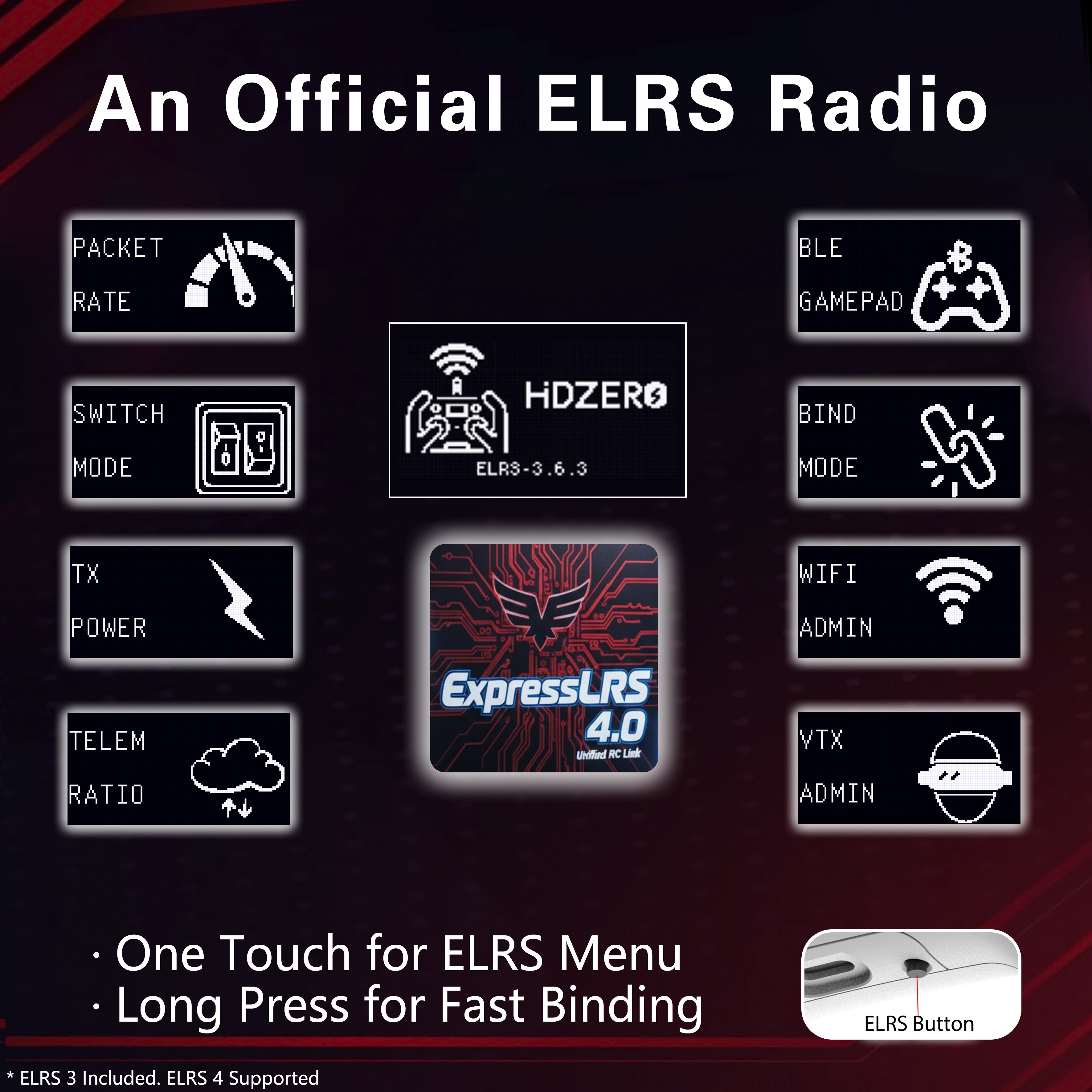 ExpressLRS menu screen on HDZero Radio highlighting one-touch ELRS menu access and long-press fast bind button