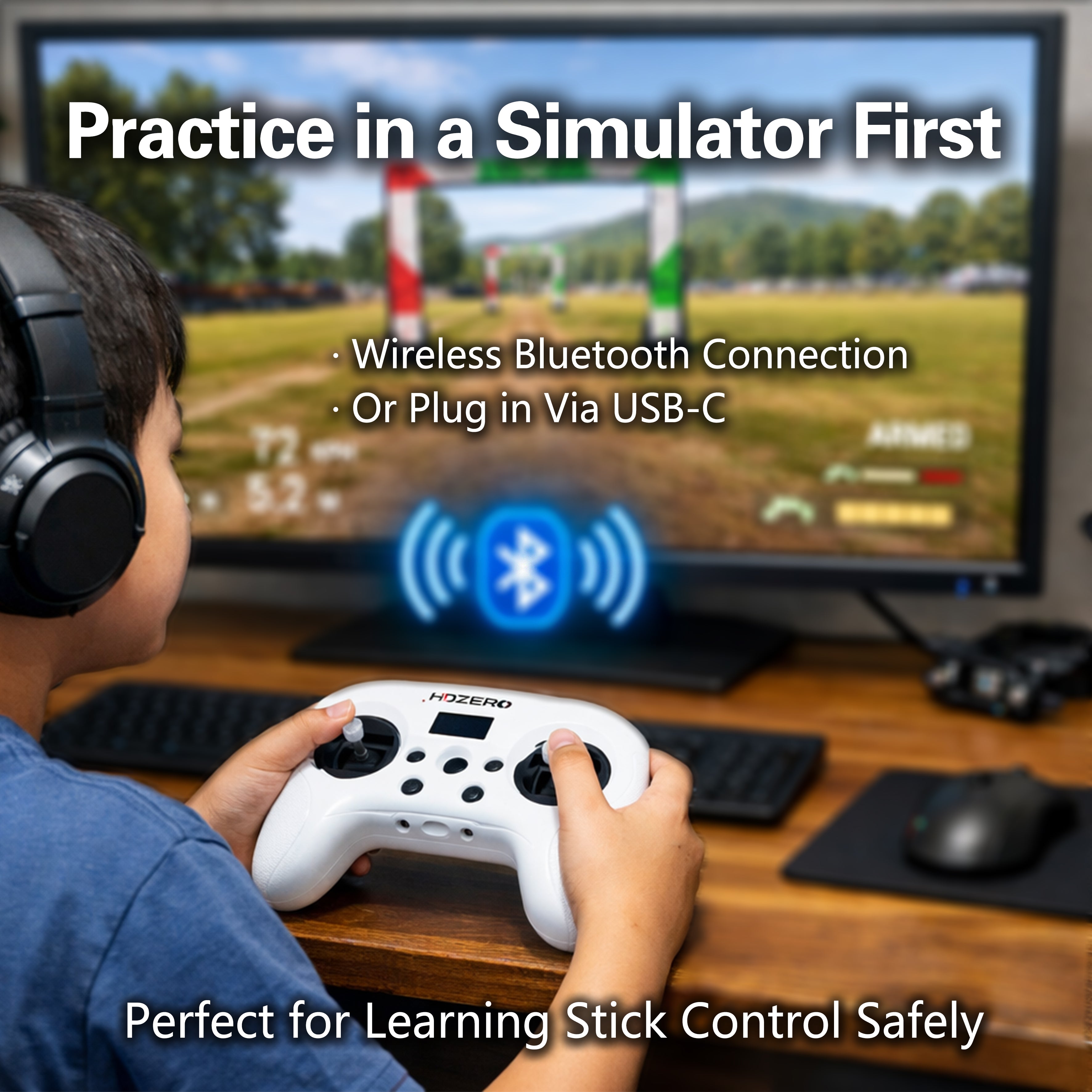 HDZero Radio connected to PC flight simulator with Bluetooth gamepad mode or wired USB-C for safe practice