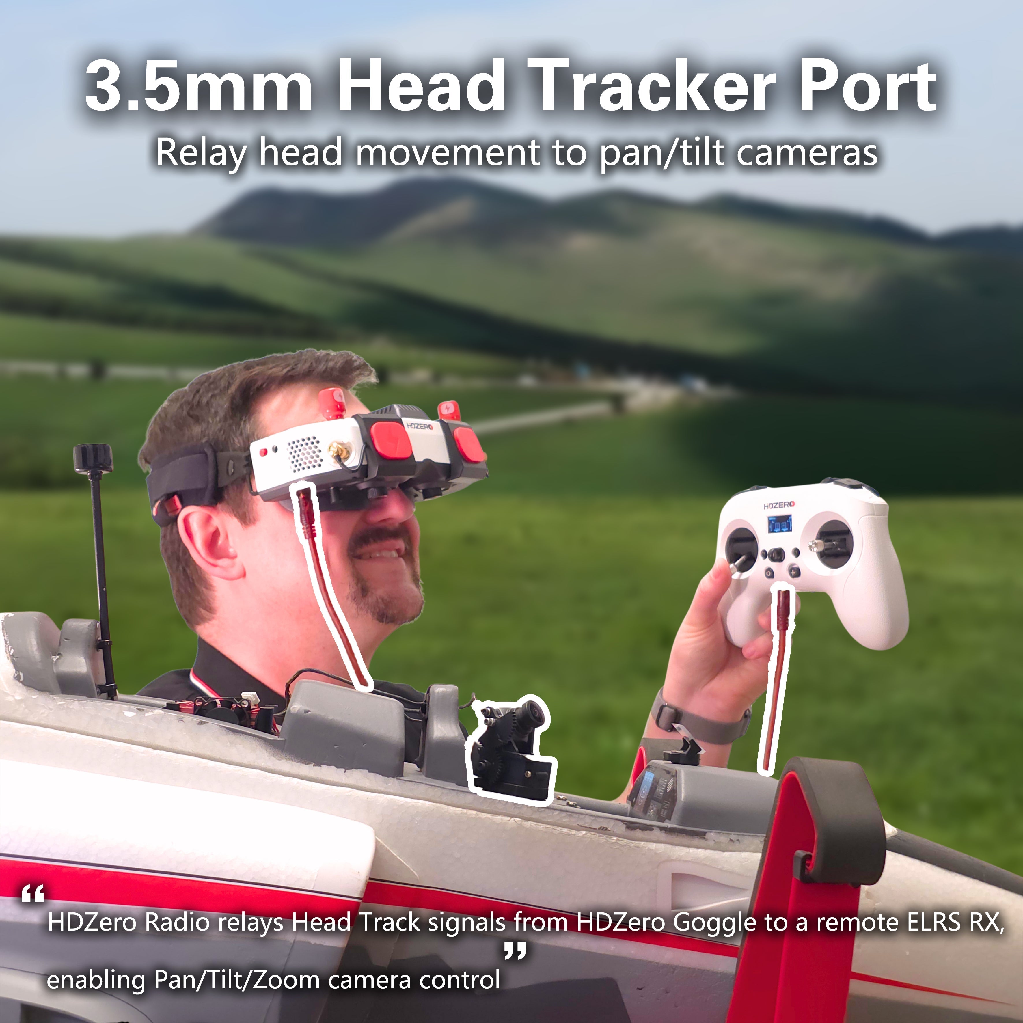 Pilot using HDZero Radio with 3.5mm head tracker port to relay goggle head tracking for pan/tilt camera control