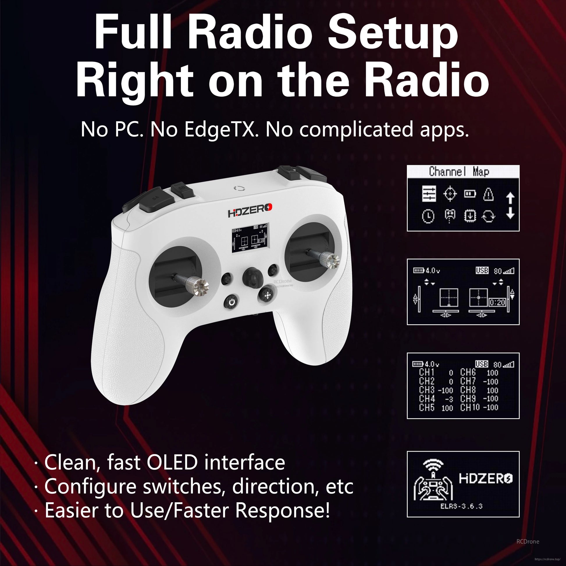 On-radio setup graphic showing OLED menus for channel map and configuration directly on the transmitter
