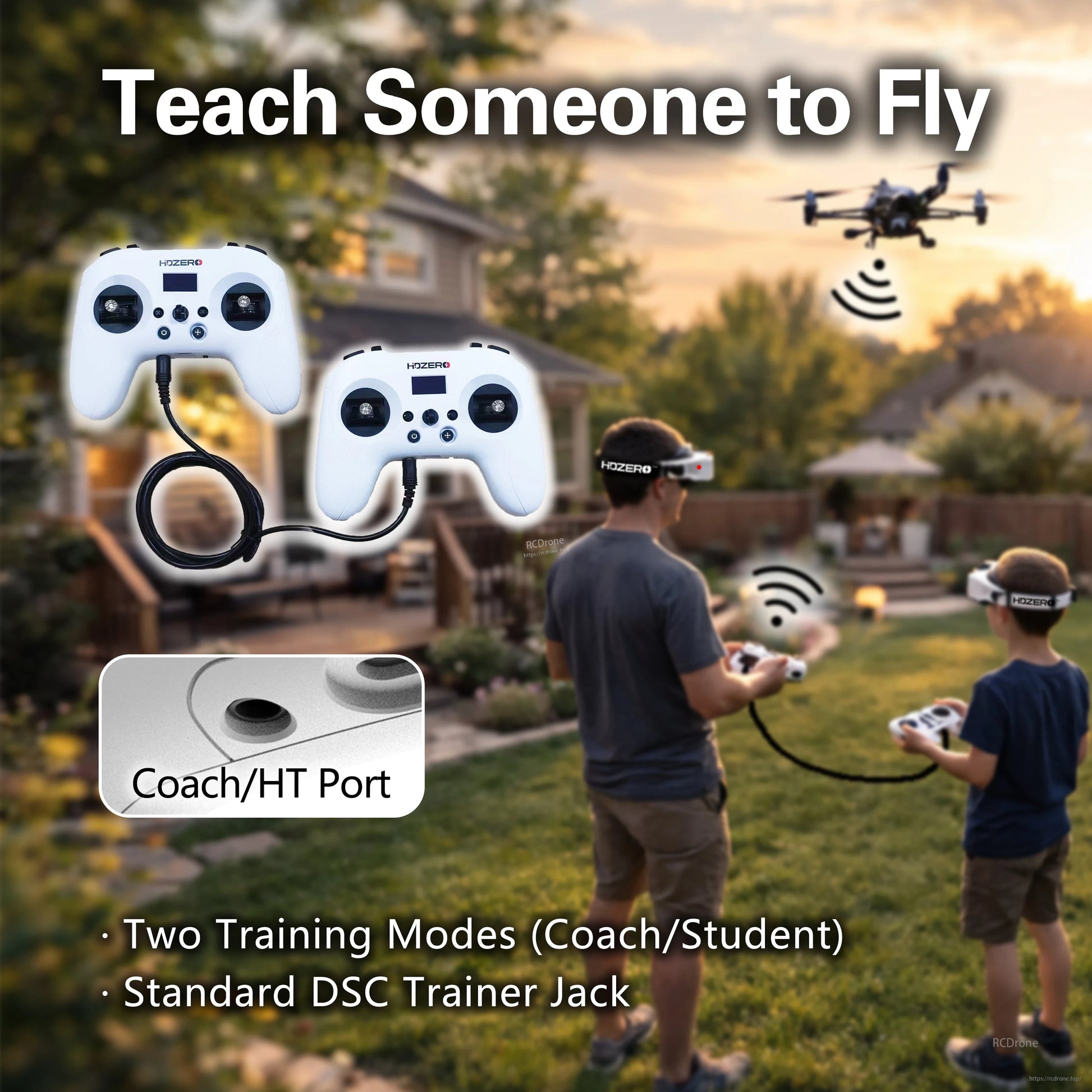 Coach/student training graphic showing coach/HT port with two transmitters for teaching someone to fly