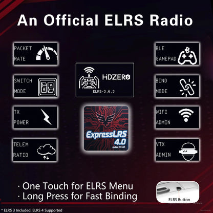 Graphic showing official ExpressLRS menu on HDZero radio with one-touch ELRS menu and binding