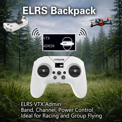 ELRS Backpack feature graphic for VTX admin with band, channel, and power control from the radio