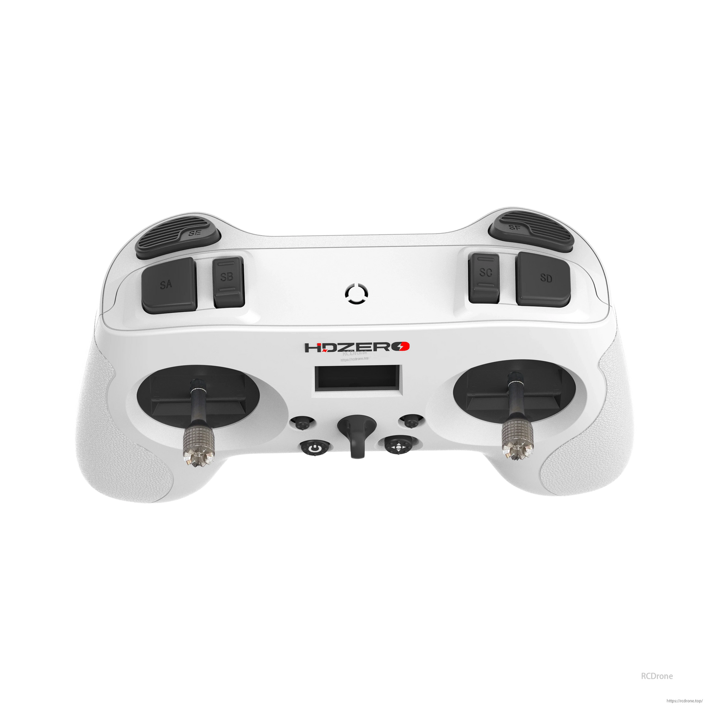 Top view of HDZero radio transmitter showing SA/SB/SC/SD shoulder switches and grips