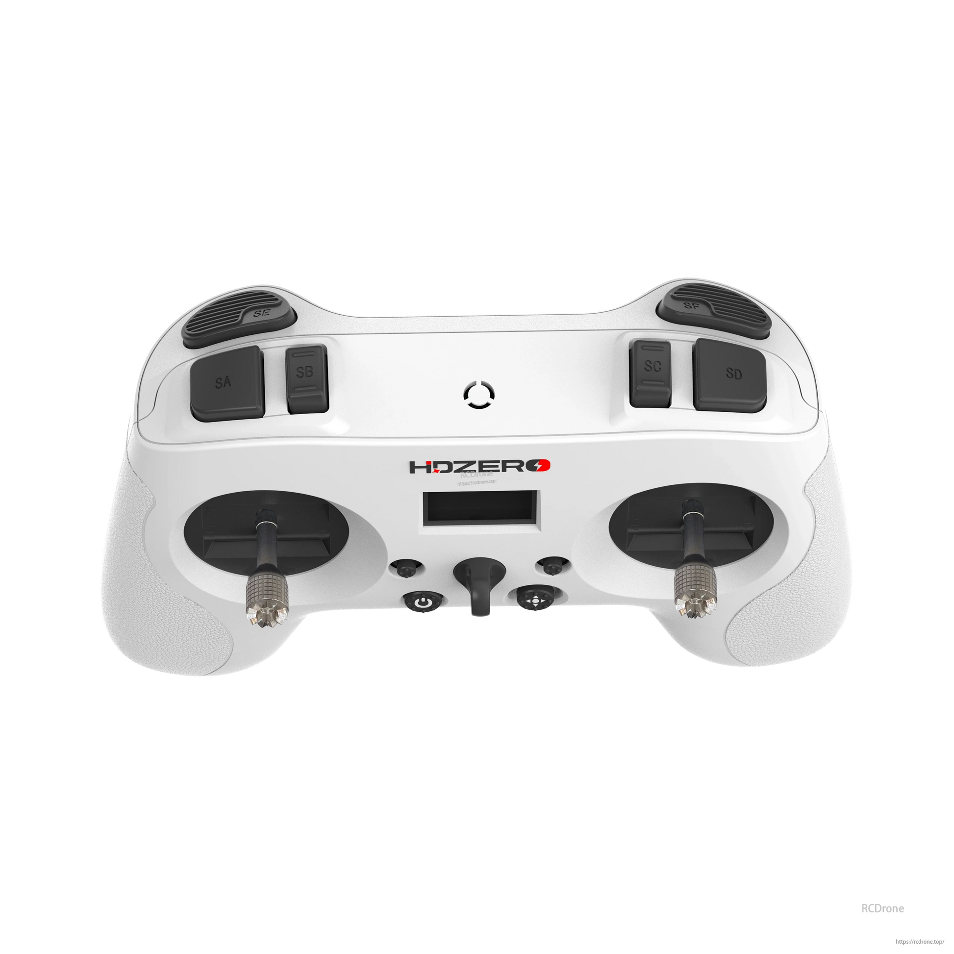 Top view of HDZero radio transmitter showing SA/SB/SC/SD shoulder switches and grips